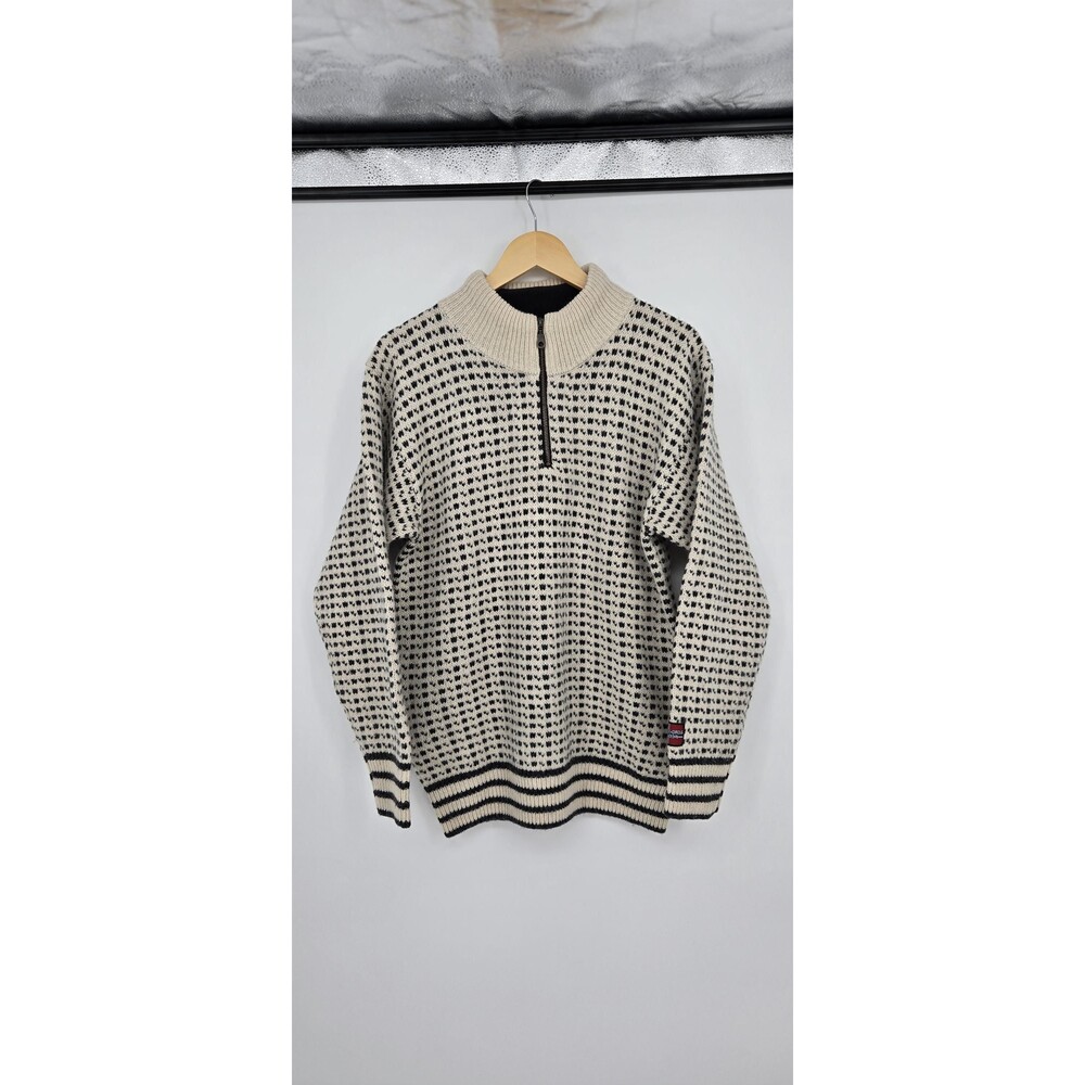 Vintage 100% wool Norwegian sweater - cream and black quarter zip